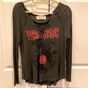 Waffle Lace Up Graphic Long Sleeve Tee